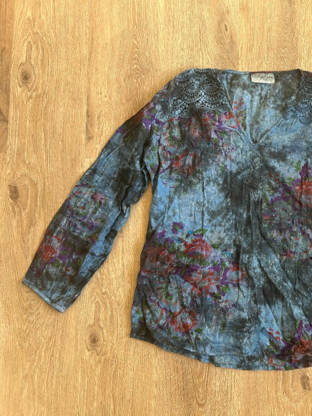 Vintage Goa Embroidered Floral Boho Peasant Blouse Blue Size Large - Picture 2 of 5